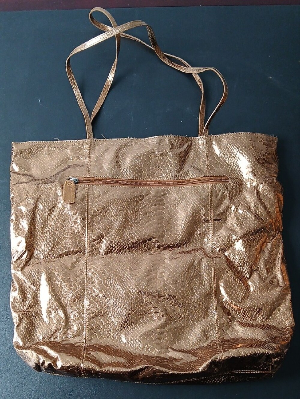 Chi Gold Snake-Texture Tote Bag with Front Zip Pocket/Hook/Accesory Bag